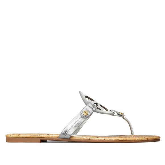 Tory Burch $228 Miller Sandals Patent Leather Silver Gold Rivets Cork 6 9.5 10 - Picture 8 of 10